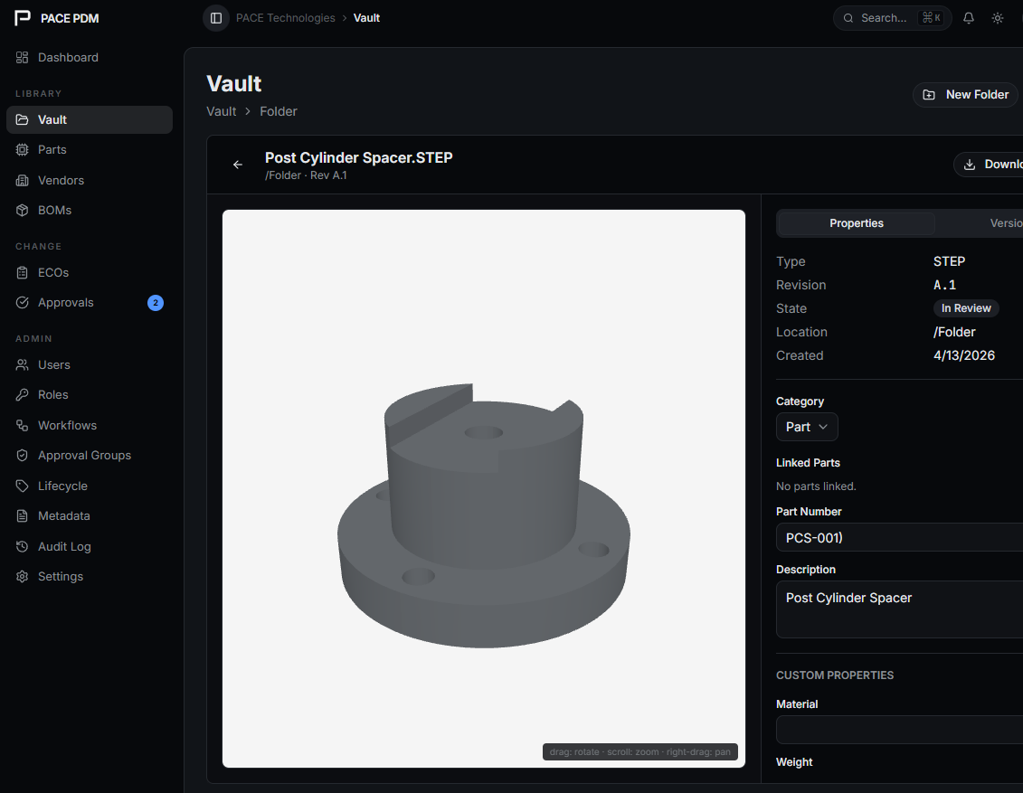 STEP file rendering in the PACE PDM vault with properties panel